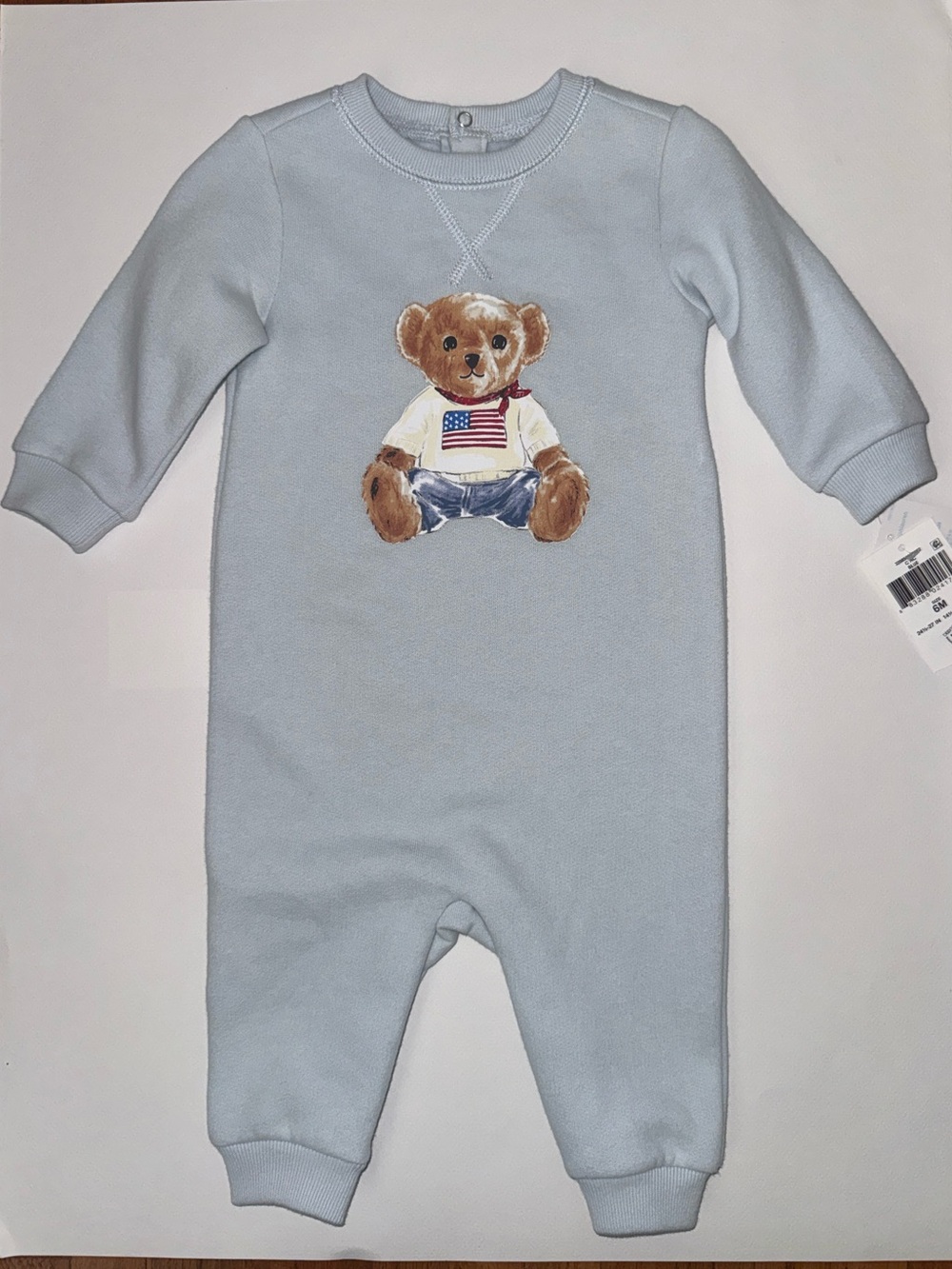 Ralph Lauren Light Blue Teddy Bear Cotton One-Piece Bodysuit
